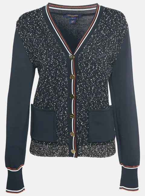 Louis Vuitton Navy Blue Tweed Knit Button Down Cardigan S