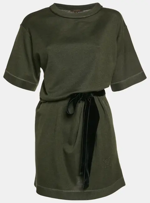 Louis Vuitton Green Wool Blend Knit and Velvet Trim Mini Dress M