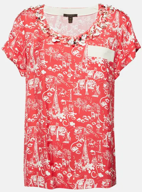 Louis Vuitton Red Paris Art Print Crepe Bead Embellished Blouse M