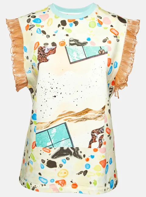 Louis Vuitton Multicolor Abstract Print Cotton Knit Plisse Trim Top L