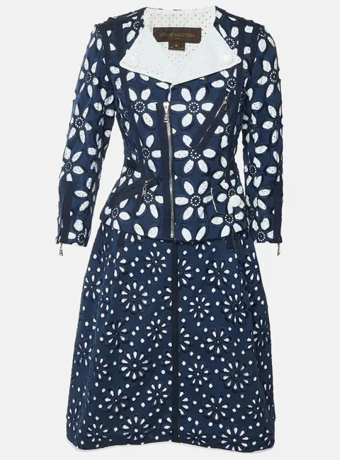 Louis Vuitton Navy Blue Embroidered Eyelet Lace Skirt Set M