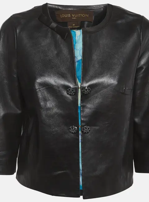 Louis Vuitton Black Leather Crystal Embellished Cropped Jacket M