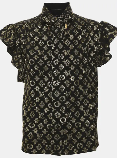 Louis Vuitton Black/Gold Monogram Decorative Silk Neck Tie Blouse S