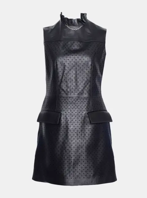 Louis Vuitton Leather Perforated Dress with Ruffle Details FR 38