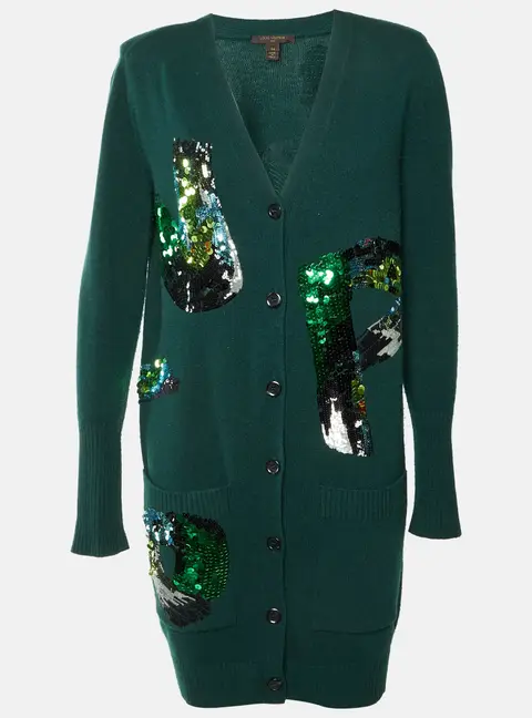 Louis Vuitton Green Sequin Embellished Wool Knit Long Cardigan M