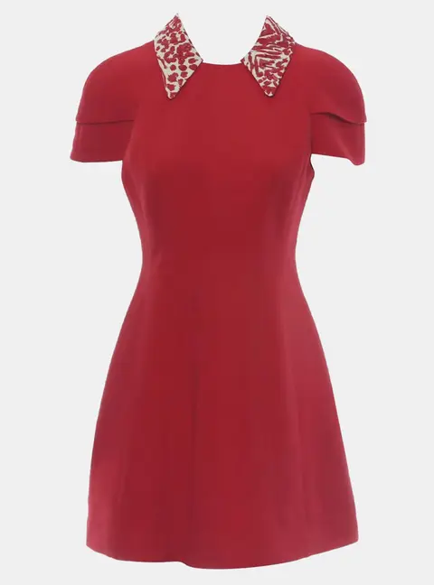 Louis Vuitton Red Silk Wool Embellished Collar Dress