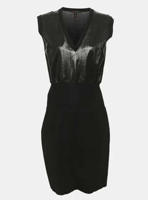 Louis Vuitton Black Stretch Knit and Patent Leather Knee Length Dress M
