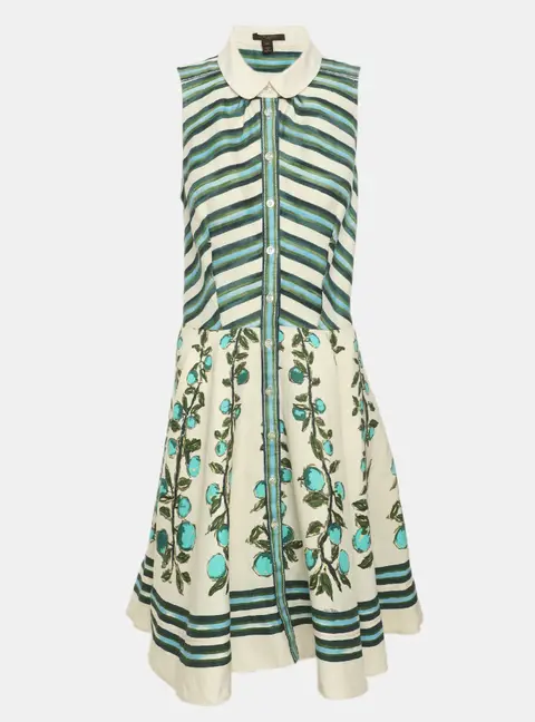 Louis Vuitton Light Beige/Green Floral Printed Linen Blend Sleeveless Knee Length Dress M