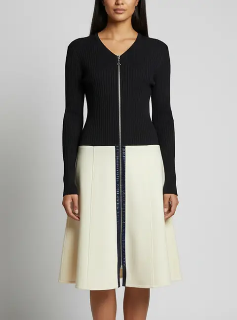 Louis Vuitton Color Block Wool & Rib Knit Zip-Up Long Sleeve Midi Dress L