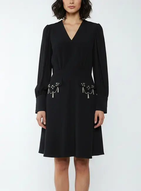 Louis Vuitton Black Stretch Crepe Puff Sleeve Mini Dress L