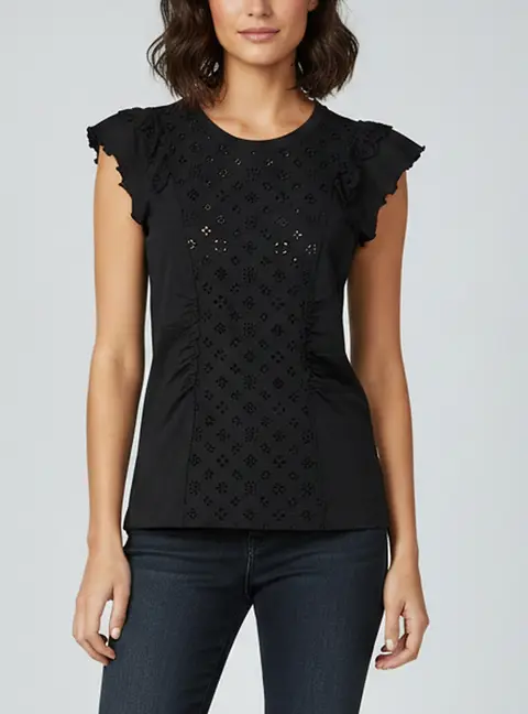 Louis Vuitton Black Monogram Broderie Anglaise Flutter Sleeve Top M
