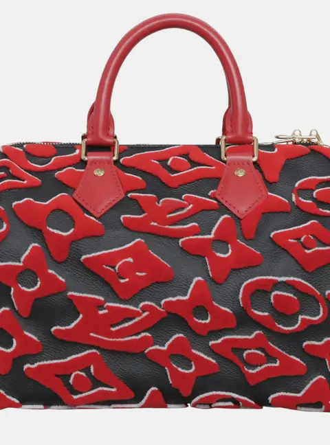 Louis Vuitton x Urs Fischer Speedy Bandouliere 25 Black Red Tufted Monogram Canvas Leather Top Handle Bag