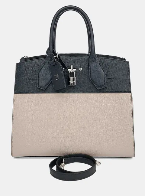 Louis Vuitton City Steamer MM Beige Black Grained Calfskin Leather Top Handle Bag