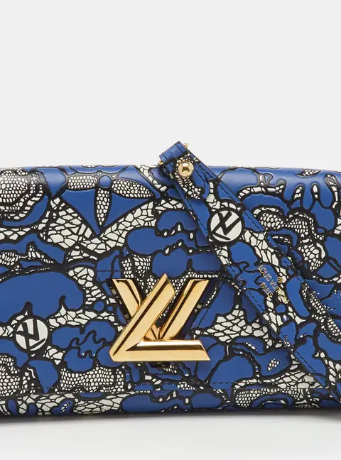 Louis Vuitton Navy Blue Flower Lace Leather Inlay Twist Wallet on Chain