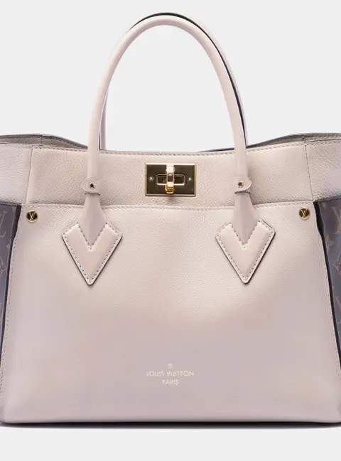Louis Vuitton On My Side MM Greige Small Grained Calfskin Leather Monogram Canvas Tote Bag