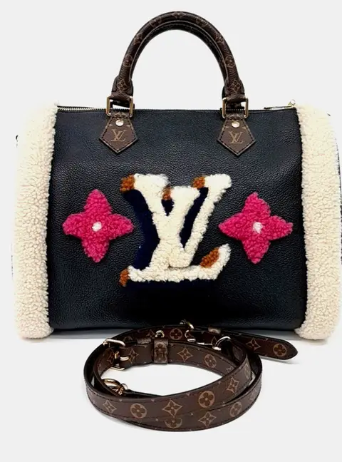 Louis Vuitton Teddy Speedy Bandouliere 30 Black Monogram Giant Leather Shearling Top Handle Bag