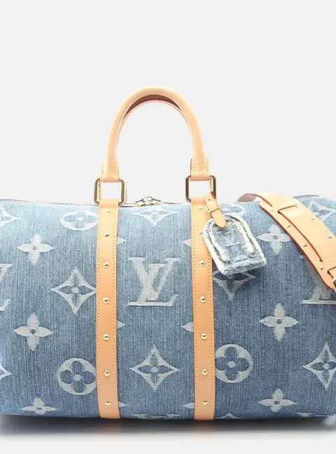 Louis Vuitton LV Remix Keepall Bandouliere 45 Blue Monogram Denim Natural Cowhide Leather Boston Bag