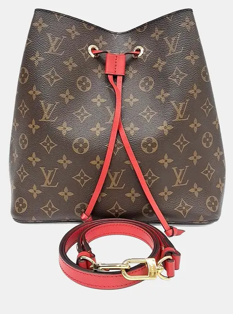 Louis Vuitton Neo Noe MM Brown Monogram Canvas Red Leather Shoulder Bag