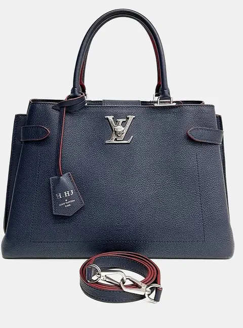 Louis Vuitton Lockme Day PM Navy Blue and Red Grained Calfskin Leather Top Handle Bag