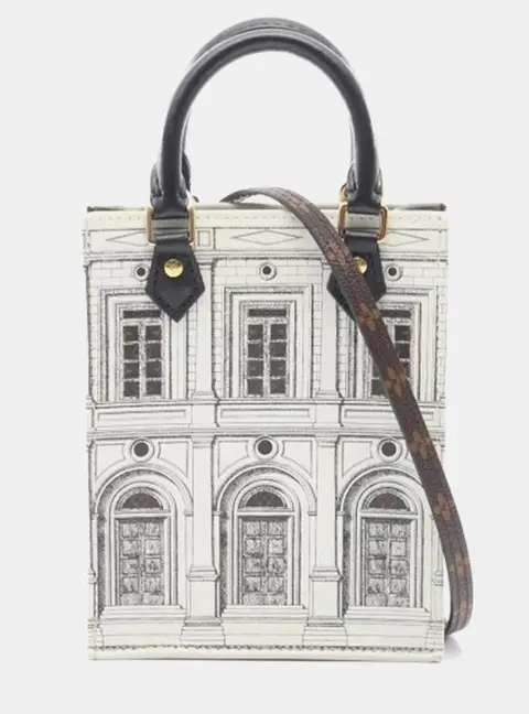 Louis Vuitton x Fornasetti Architettura Petit Sac Plat White Monogram Canvas Patent Leather Mini Top Handle Bag