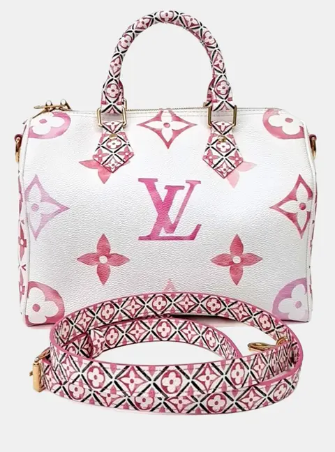 Louis Vuitton Speedy Bandouliere 25 White Pink Monogram Empreinte Leather Top Handle Bag