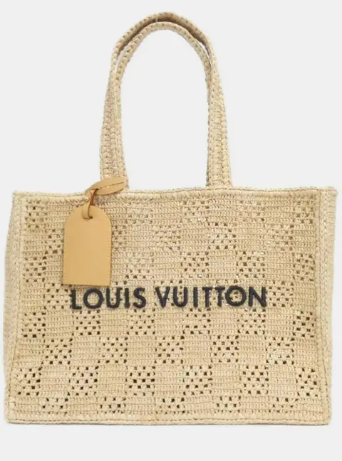 Louis Vuitton Damier Raffia Summer Shopper Tote MM Natural Beige Raffia Totes Bag