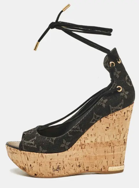 Louis Vuitton Black Monogram Denim Wedge Platform Ankle Wrap Pumps Size 36.5