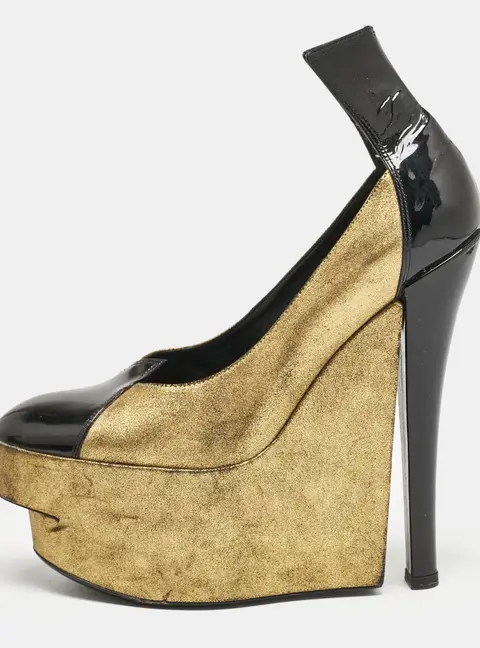 Louis Vuitton Gold/Black Leather and Patent Leather Wedge Pumps Size 38.5