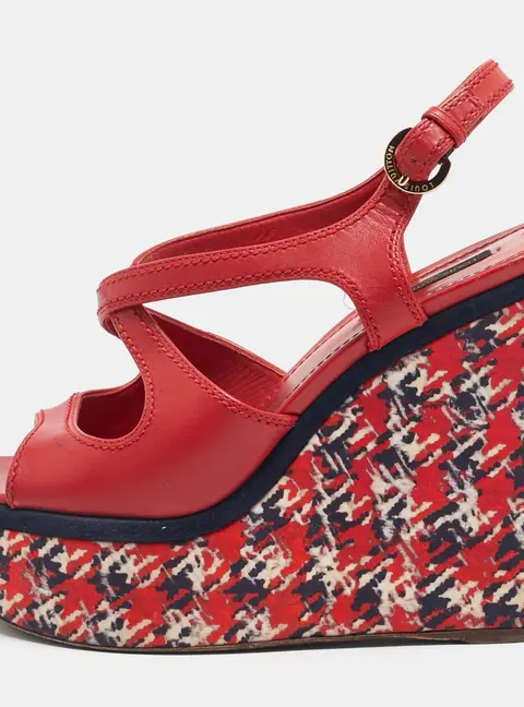 Louis Vuitton Red Leather And Fabric Wedge Criss Cross Platform Sandals Size 38