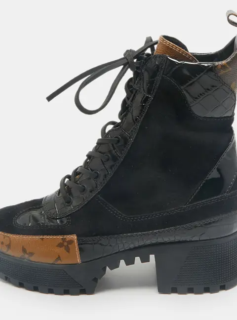 Louis Vuitton Laureate Size 39 Black Coated Canvas, Croc Embossed Leather and Suede Combat Boots