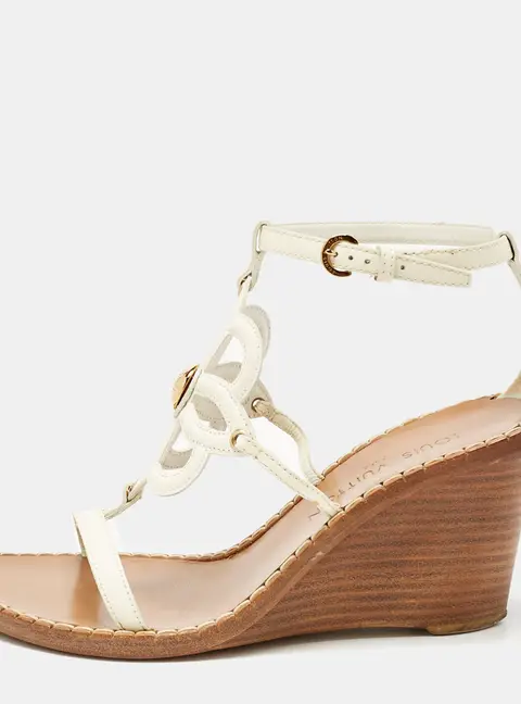 Louis Vuitton White Leather Gloss Wedge Sandals Size 37.5