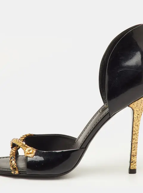 Louis Vuitton Size 40 Black/Gold Patent Leather and Snakeskin Open Toe Slide Sandals