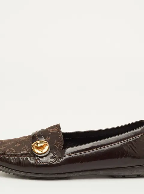 Louis Vuitton Size 38 Brown Patent Leather and Mini Lin Monogram Canvas Slip On Loafers