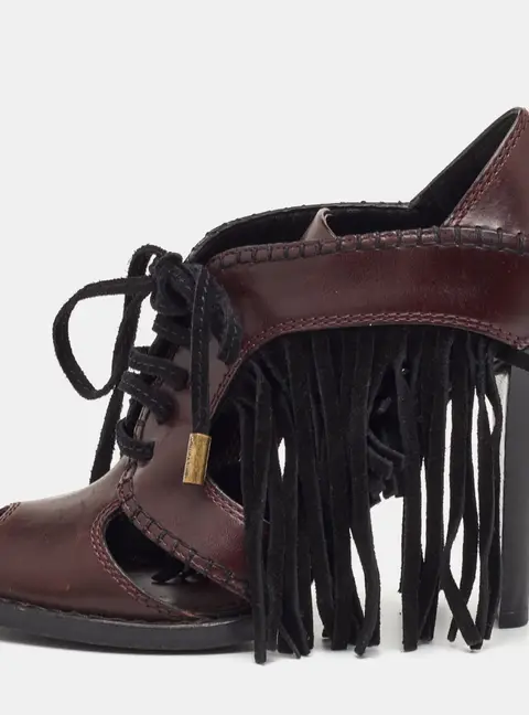 Louis Vuitton Size 37.5 Brown/Black Leather and Suede Fringe Lace Up Peep Toe Sandals