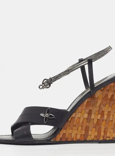 Louis Vuitton Size 38.5 Black Leather Strappy Wicker Wedge Sandals