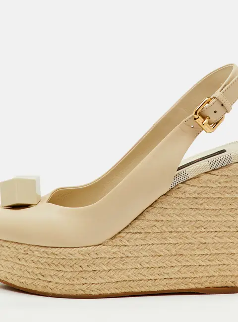 Louis Vuitton Cream Leather Gossip Cube Espadrille Wedge Slingback Pumps Size 38.5