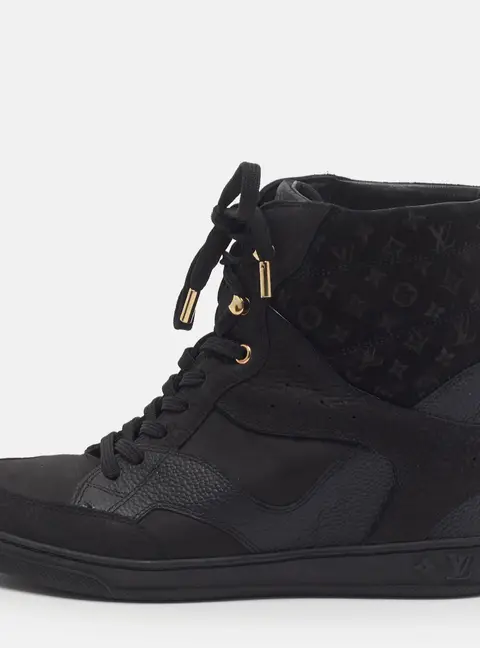 Louis Vuitton Millenium Size 38.5 Black Nubuck Leather and Monogram Suede Wedge Sneakers