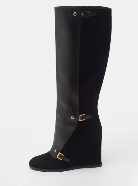Louis Vuitton Size 41 Black Leather and Suede Wedge Knee Length Boots