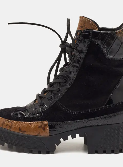 Louis Vuitton Laureate Size 38 Black Suede and Reverse Monogram Canvas Combat Boots