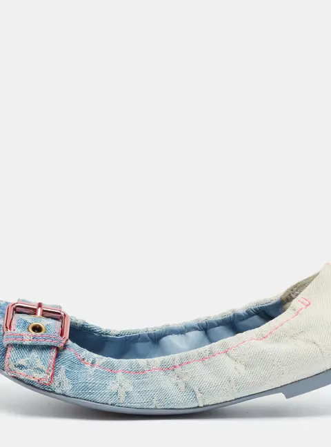 Louis Vuitton Size 35.5 Blue Monogram Denim Scrunch Buckle Ballet Flats