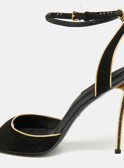 Louis Vuitton Size 38 Black Leather and Suede Crystal  Embellished Ankle Strap Sandals