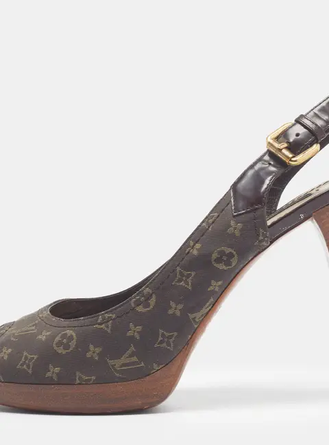 Louis Vuitton Size 38.5 Dark Brown Monogram Canvas and Patent Peep Toe Slingback Pumps