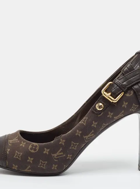 Louis Vuitton Size 38 Brown Mini Lin Monogram Canvas and Leather Peep Toe Pumps