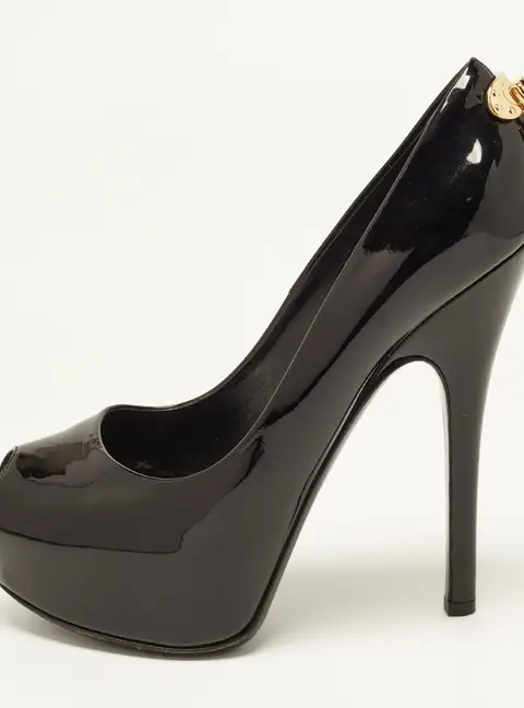 Louis Vuitton Oh Really! Size 37.5 Black Patent Leather Platform Peep Toe Pumps
