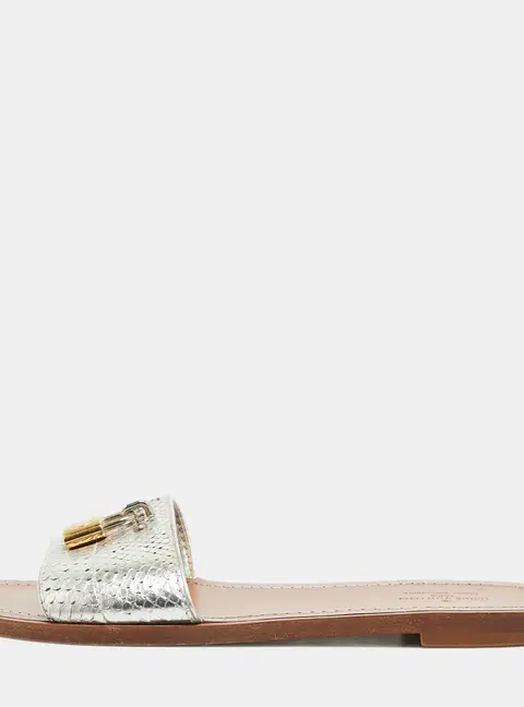Louis Vuitton Lock It Size 37 Silver Python Leather Flat Slides