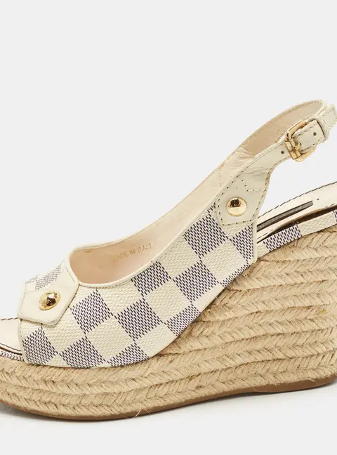 Louis Vuitton Azur Size 38 Cream/Blue Damier Canvas and Leather Wedge Espadrille Slingback Sandals