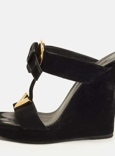 Louis Vuitton V symphony Size 37.5 Black Suede Wedge Sandals