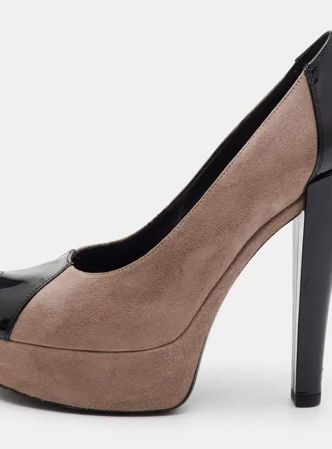 Louis Vuitton Size 39 Brown/Black Patent Leather and Suede Platform Peep Toe Pumps