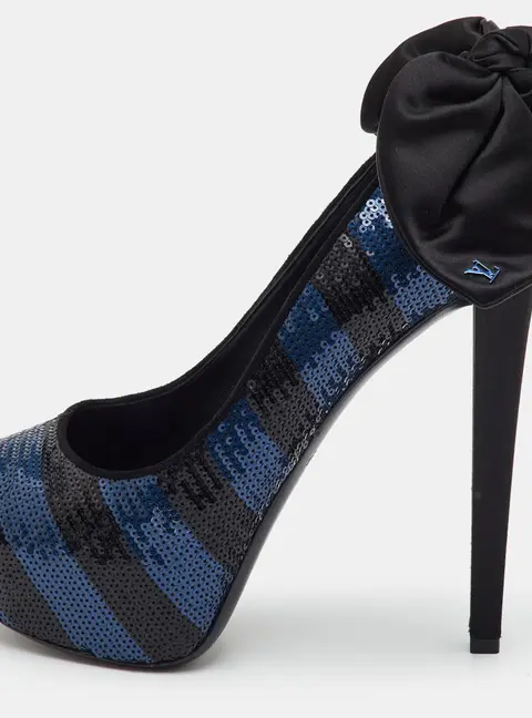 Louis Vuitton Size 38.5 Black/Navy Blue Satin and Sequins Platform Peep Toe Pumps