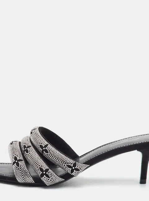 Louis Vuitton Size 38 Black Suede Monogram Crystal Embellished Slide Sandals